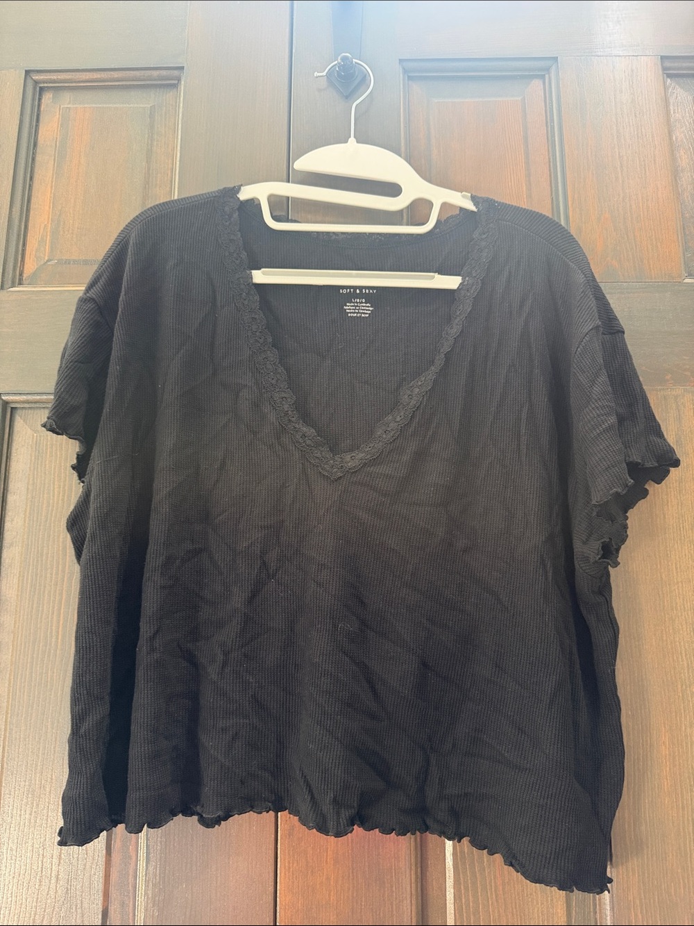 American Eagle Outfitters Black V-Neck Short Sleeve Lace Trim Tee